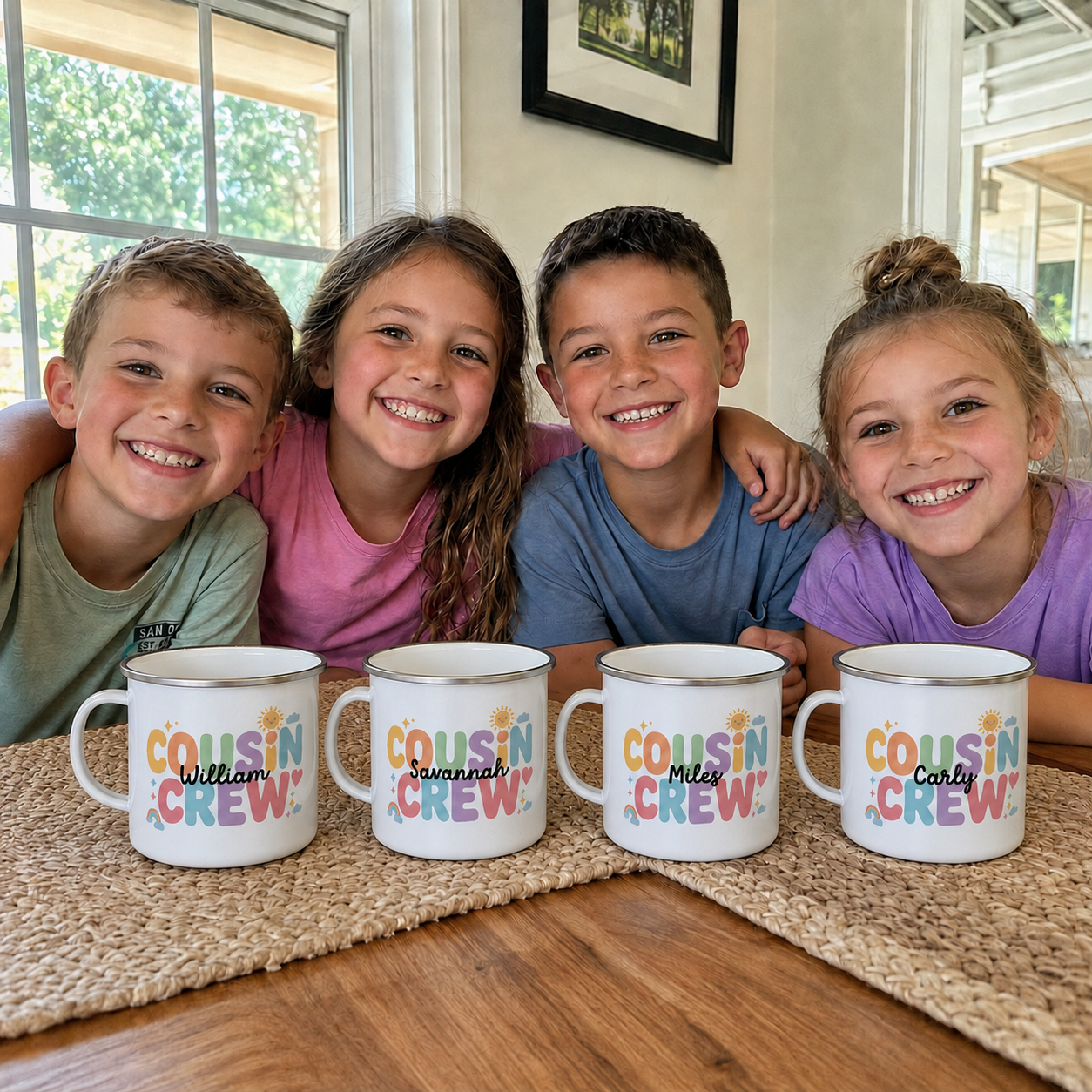 Sunshine Cousin Crew personalised enamel mug with custom names - The Custom Co
