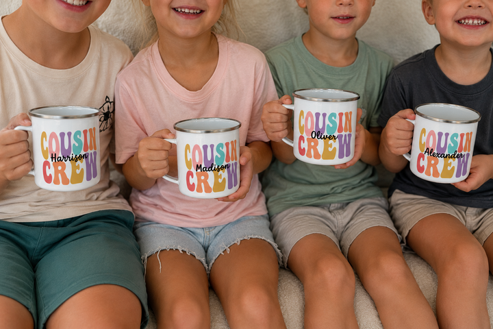 Personalised Cousin Crew Enamel Mug