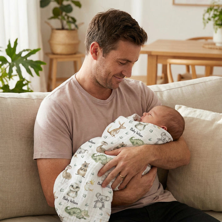 Personalised muslin swaddle wrap with baby name, soft breathable fabric, 120x120cm for newborn comfort and versatile use