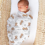 Personalised muslin swaddle wrap with baby name, soft breathable fabric, 120x120cm, gentle for newborns, machine washable baby blanket.