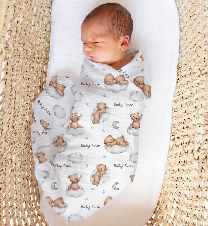 Personalised muslin swaddle wrap with baby name, soft breathable fabric, 120x120cm, gentle for newborns, machine washable baby blanket.