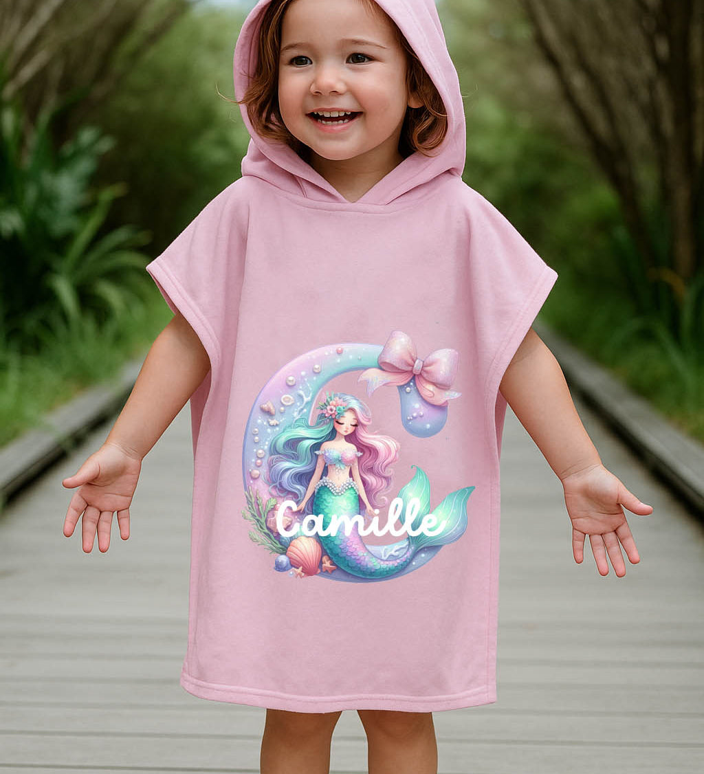 Personalised kids mermaid initial hooded towel