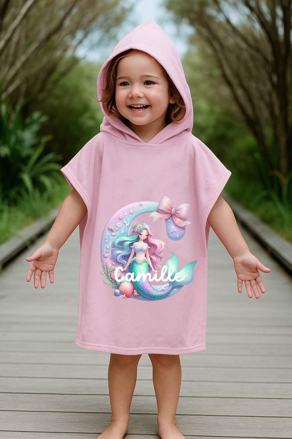 Personalised kids mermaid initial hooded towel