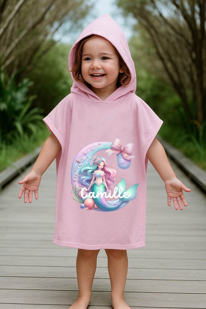Personalised kids mermaid initial hooded towel