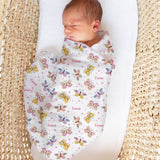 Personalised muslin swaddle wrap with baby name, soft breathable fabric, 120x120cm size, ideal for newborns and babies.