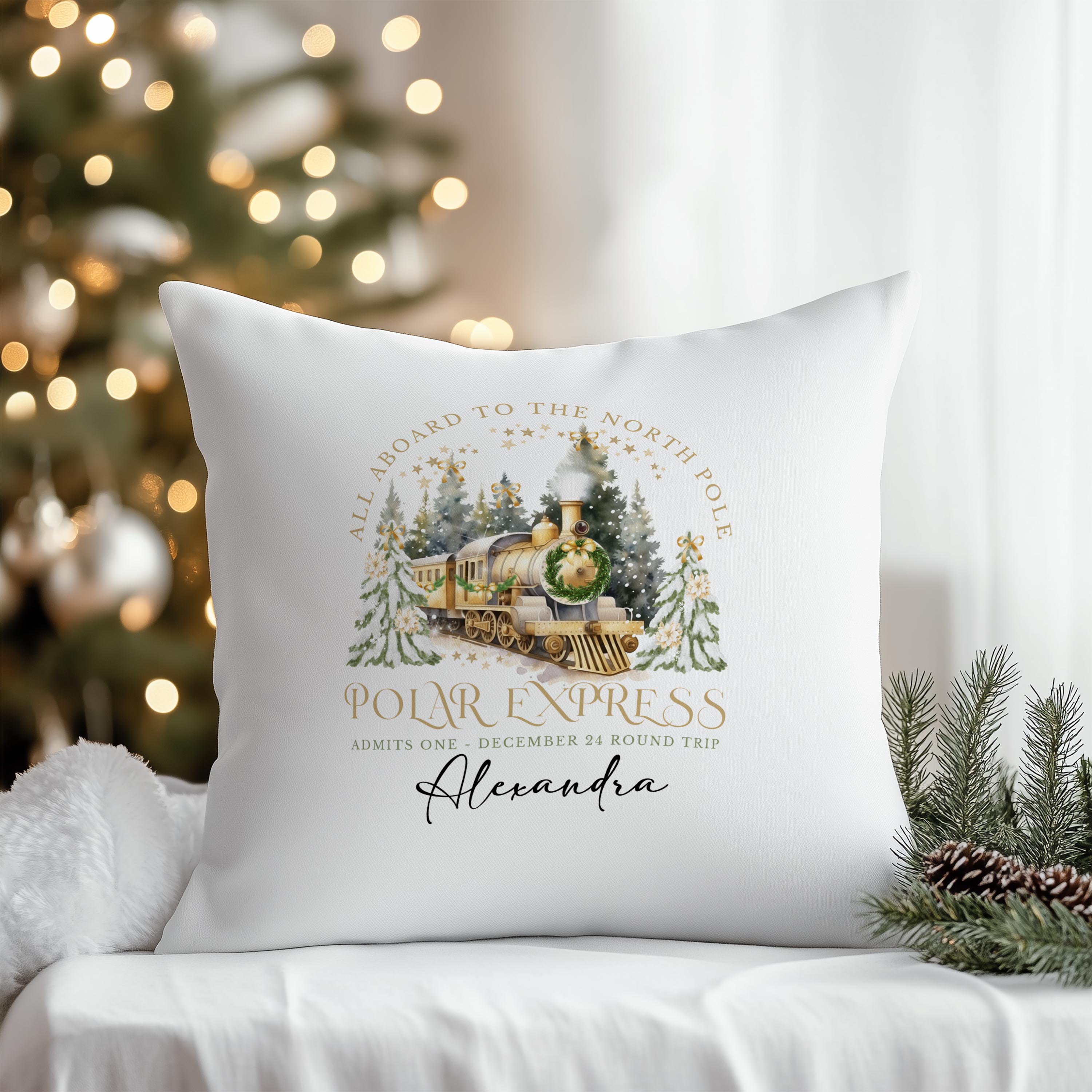 Custom Polar Express kids cushion, Christmas décor with name.