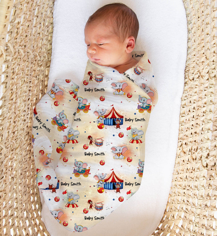 Personalised muslin swaddle wrap with baby name, soft breathable fabric, 120x120cm size for newborns and babies.