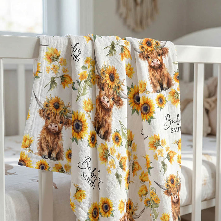 Custom muslin swaddle wrap personalized with baby’s name, soft breathable fabric, 120x120cm size for newborns.