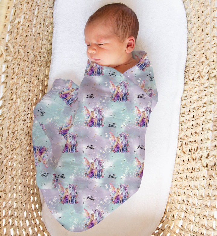 Personalised muslin swaddle wrap with baby name, soft breathable fabric, 120x120cm, perfect for newborn comfort and gifting