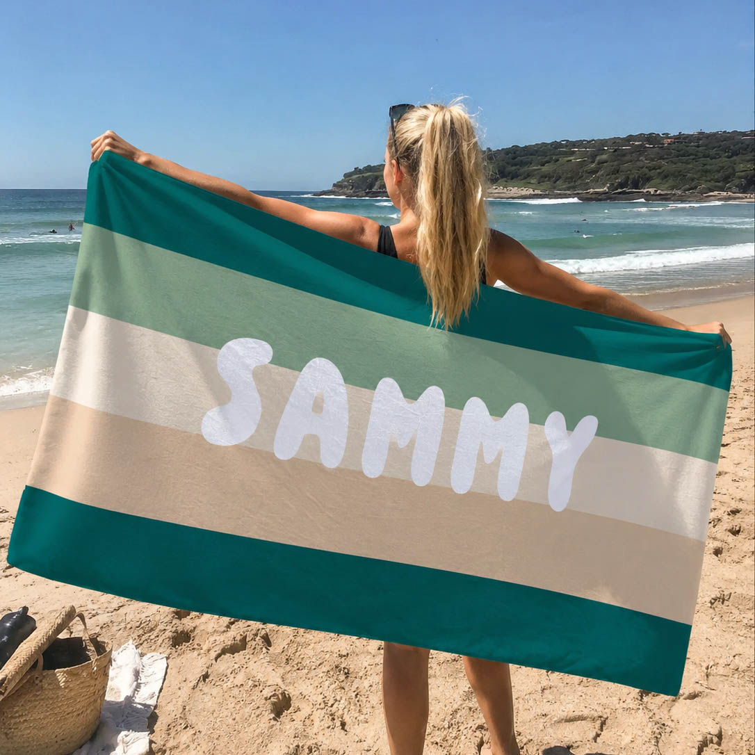 Retro Stripe beach towel personalised with each name, summer gift