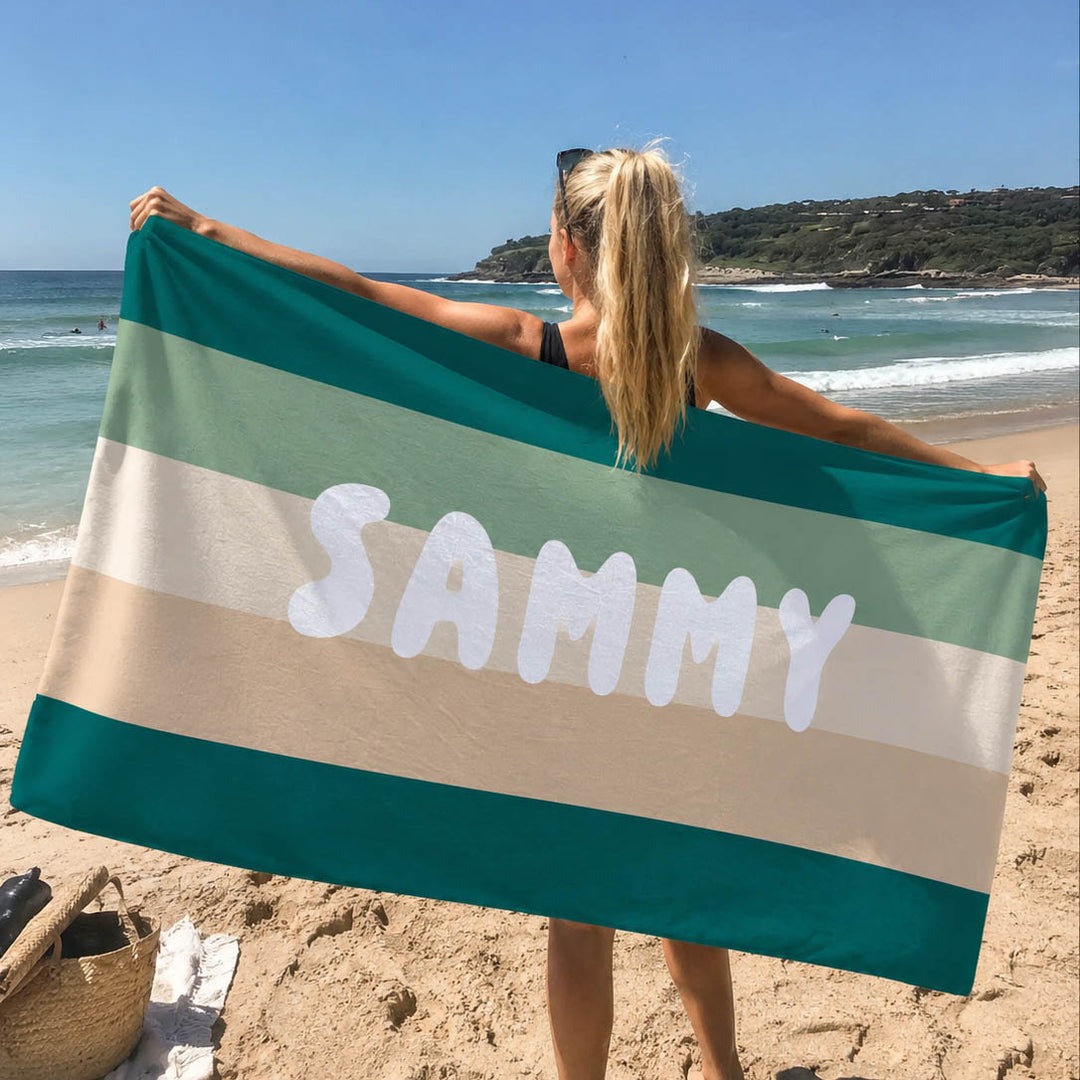Personalised Stripe Beach Towel – Custom Name | Retro Stripe Design