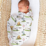 Soft personalised muslin swaddle wrap with baby name, breathable and lightweight for newborns, 120x120cm size