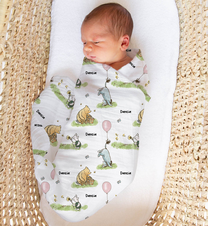 Soft personalised muslin swaddle wrap with baby name, breathable and lightweight for newborns, 120x120cm size