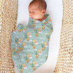 Personalised muslin swaddle wrap with baby name, soft breathable fabric, 120x120cm size for newborns and babies