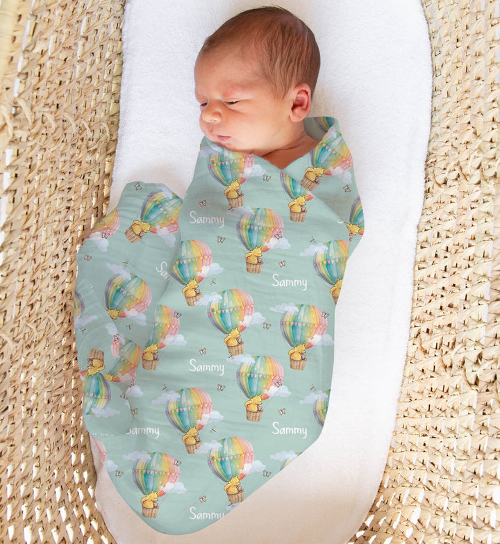 Personalised muslin swaddle wrap with baby name, soft breathable fabric, 120x120cm size for newborns and babies