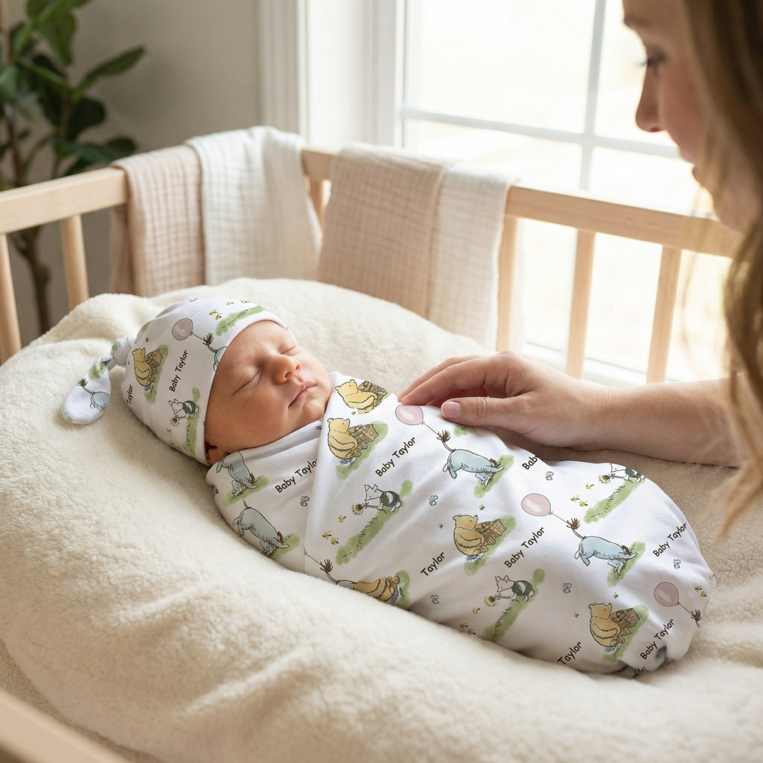 Personalised baby swaddle and beanie set made from soft stretch poly fabric for comfort and style