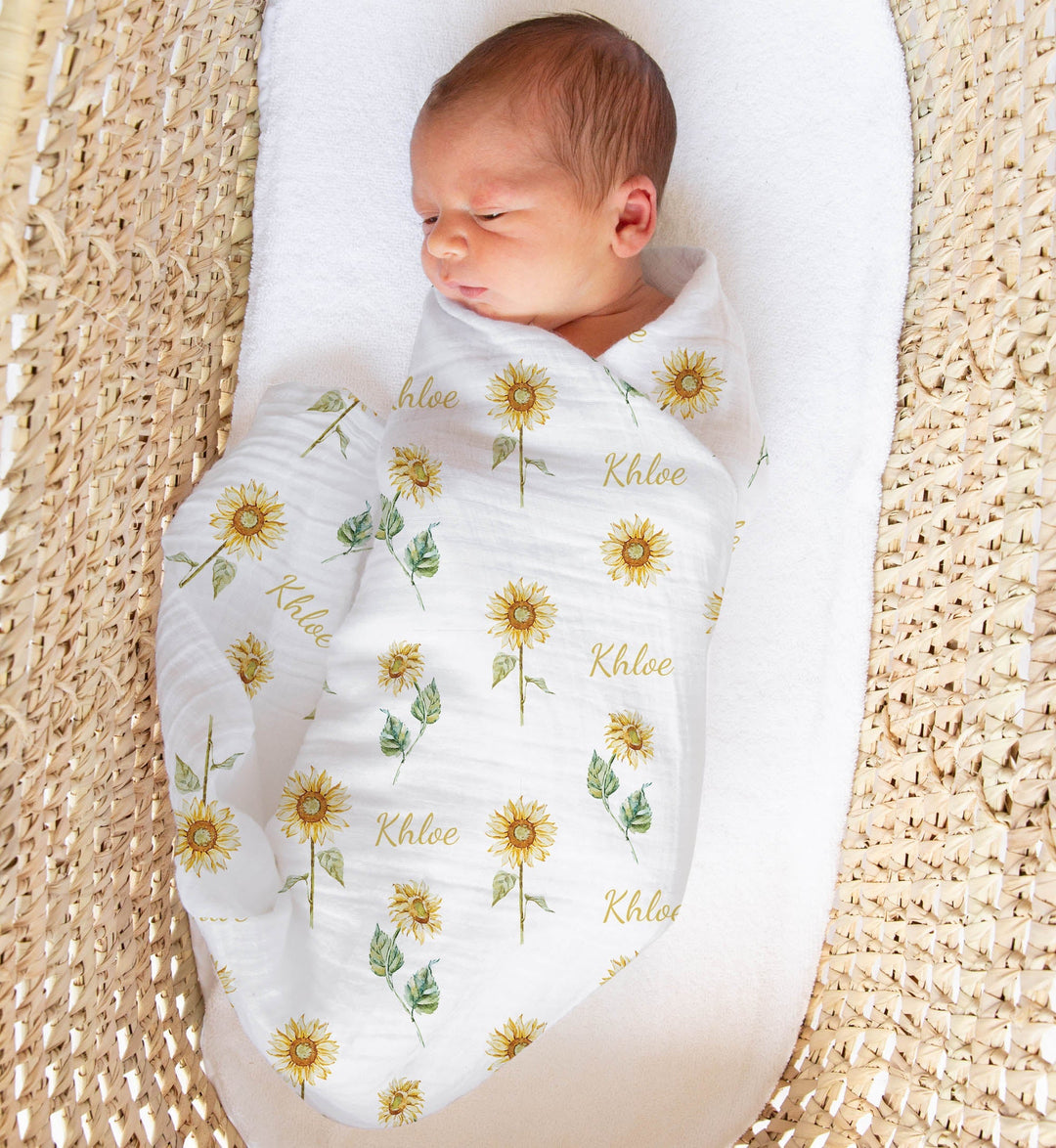 Personalised muslin swaddle wrap with baby name, soft breathable fabric, 120x120cm size for newborns and babies.