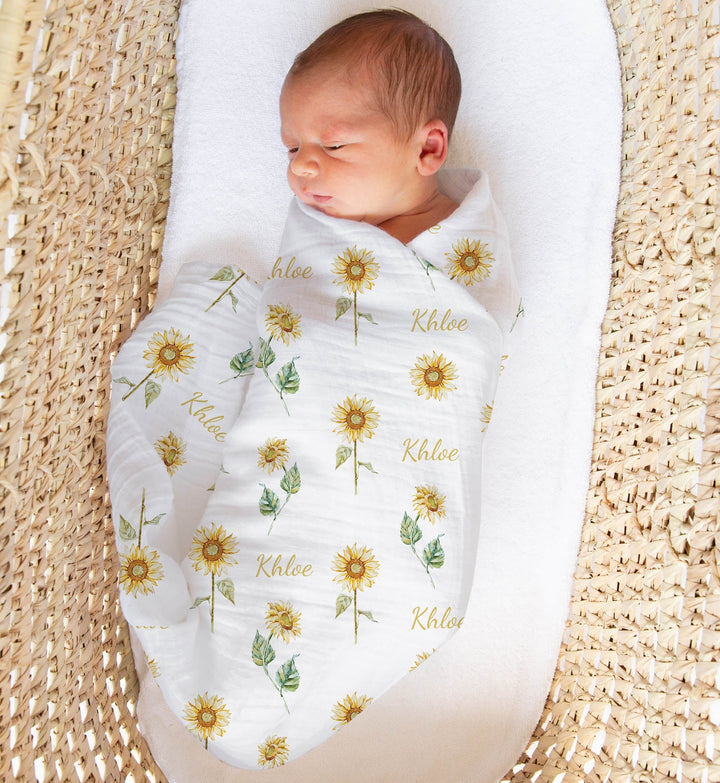 Personalised muslin swaddle wrap with baby name, soft breathable fabric, 120x120cm size for newborns and babies.