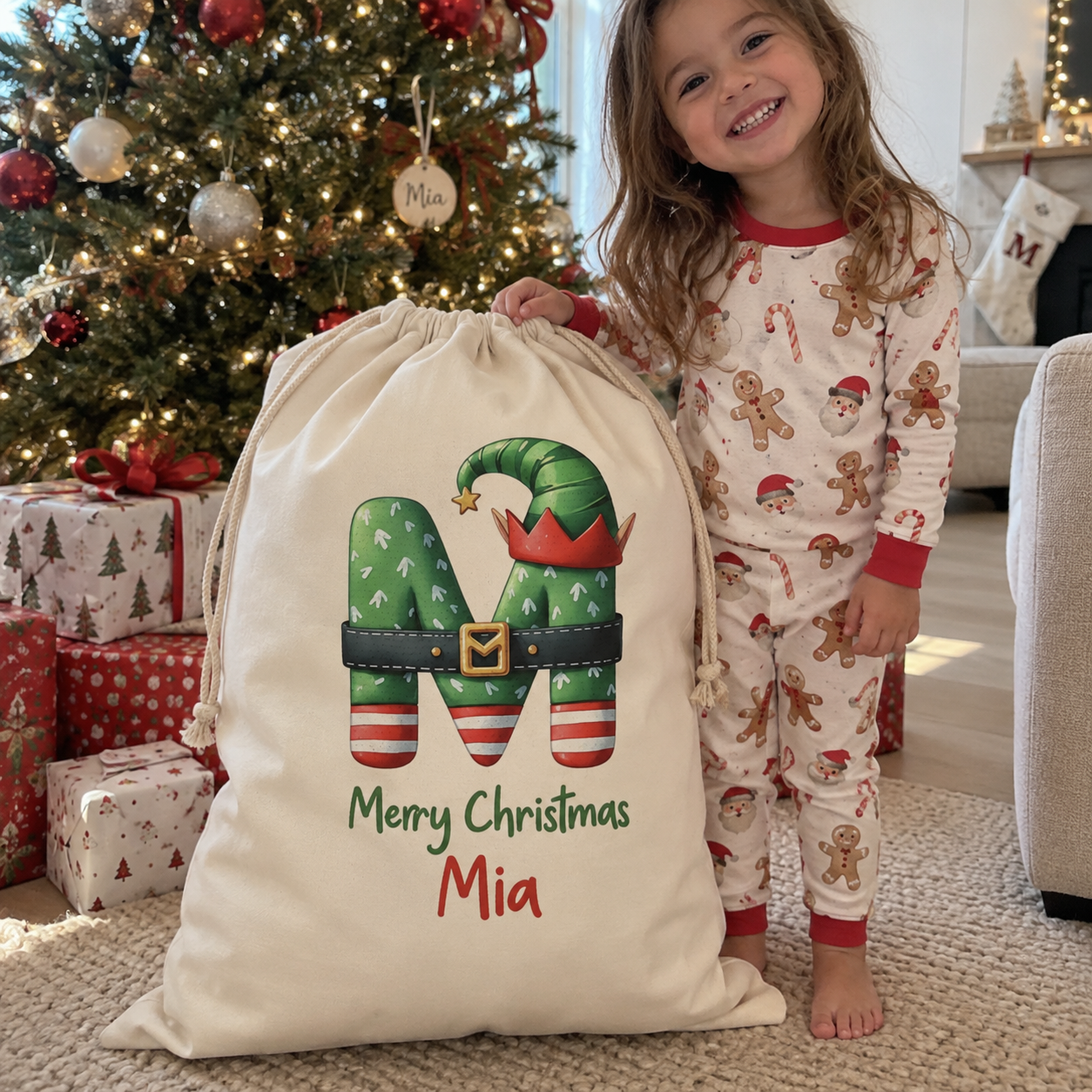 Personalised elf alphabet initial Santa sack, waiting under the tree on Christmas Eve - The Custom Co