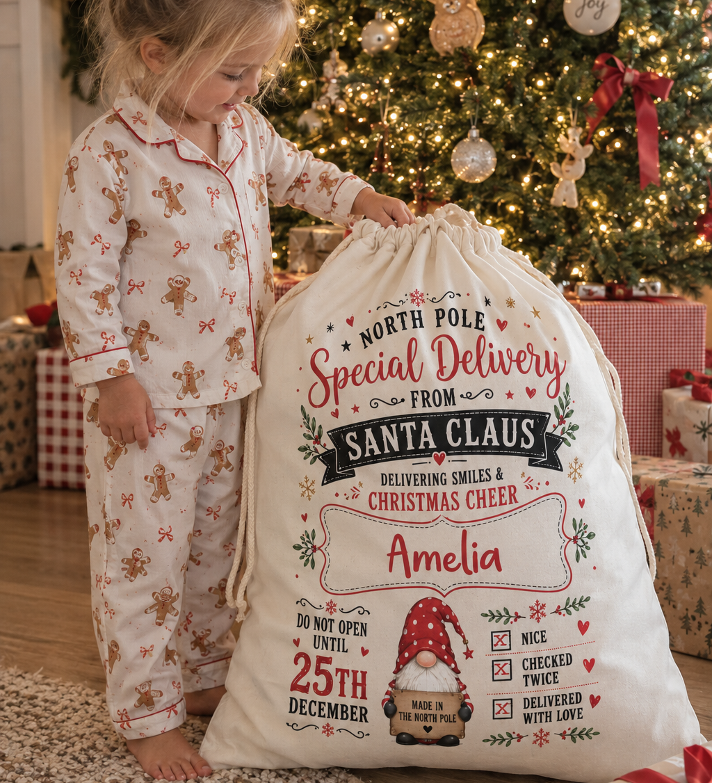 Personalised North Pole gnome Christmas sack, durable fabric sack with drawstring