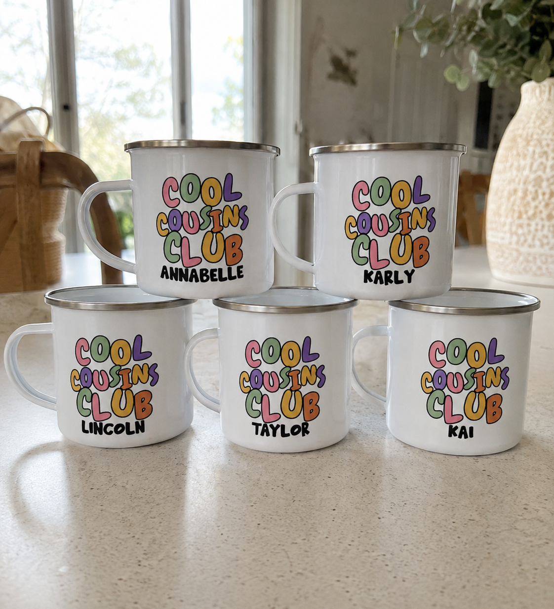 Personalised Cool Cousins Club enamel mug name print detail