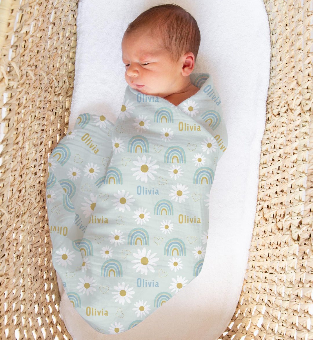Personalised muslin swaddle wrap with baby name, soft breathable fabric, 120x120cm, perfect for newborns and machine washable
