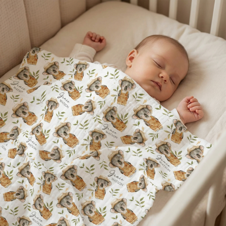 Personalised custom muslin swaddle wrap with baby name, soft breathable fabric, 120x120cm size for newborns.