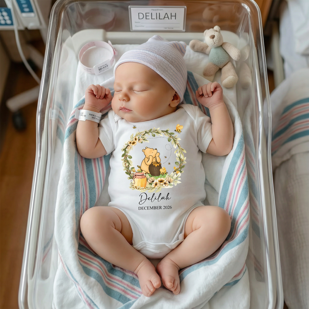Hunny Baby Onesie with soft cotton and Winnie the Pooh print for newborn comfort and easy dressing