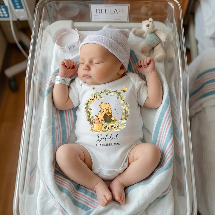 Hunny Baby Onesie with soft cotton and Winnie the Pooh print for newborn comfort and easy dressing
