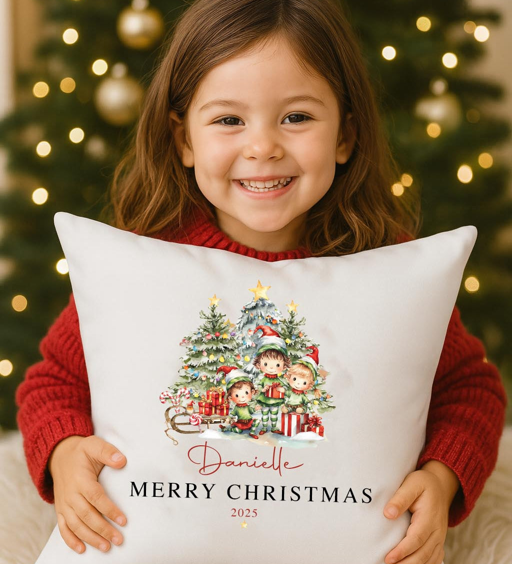 kids cushion Christmas Elves design, personalised festive décor.