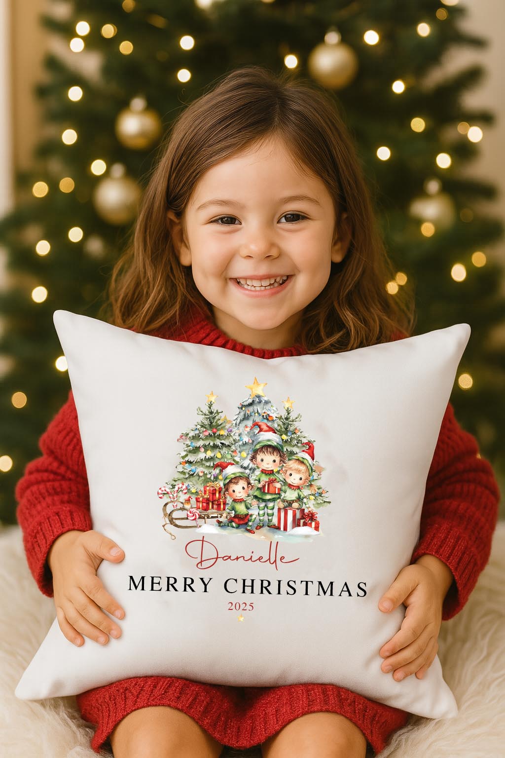 kids cushion Christmas Elves design, personalised festive décor.