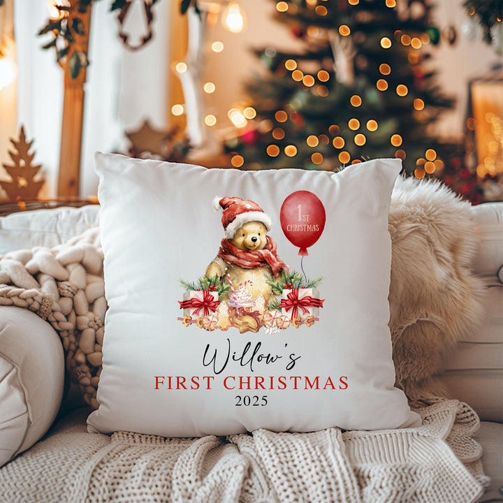 Custom Winnie the Pooh cushion for baby’s first Christmas nursery décor