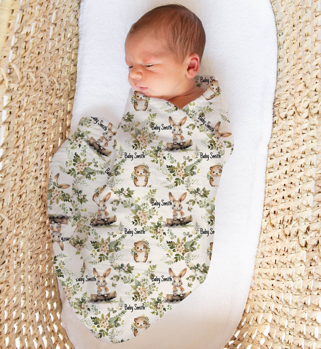 Personalised muslin swaddle wrap with baby name, soft breathable fabric, 120x120cm for newborns and babies