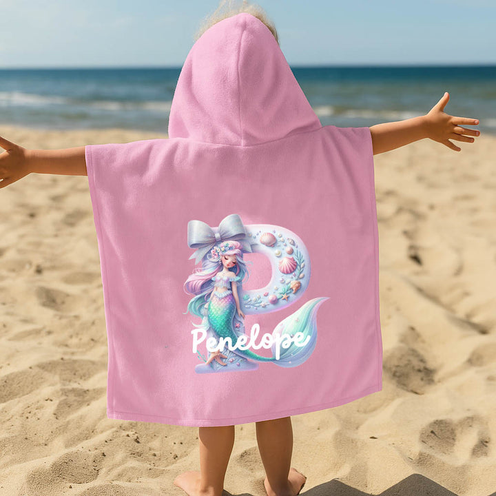 Mermaid-themed hooded towel for kids with custom initial