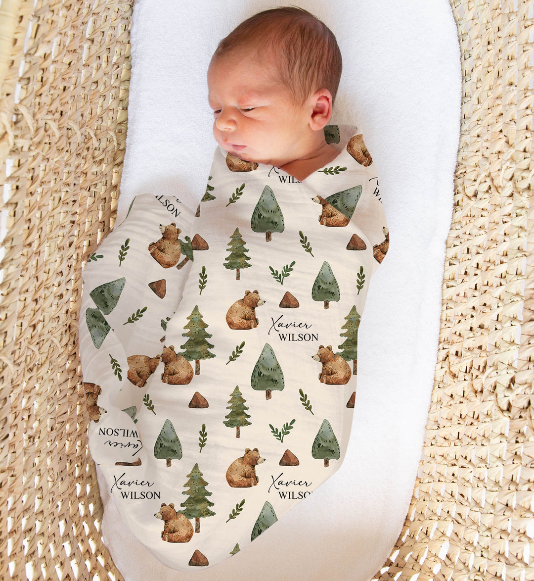 Custom muslin swaddle wrap personalized with baby’s name, soft breathable fabric, 120x120cm size for newborns.