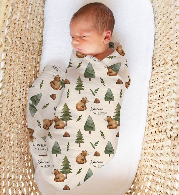 Custom muslin swaddle wrap personalized with baby’s name, soft breathable fabric, 120x120cm size for newborns.
