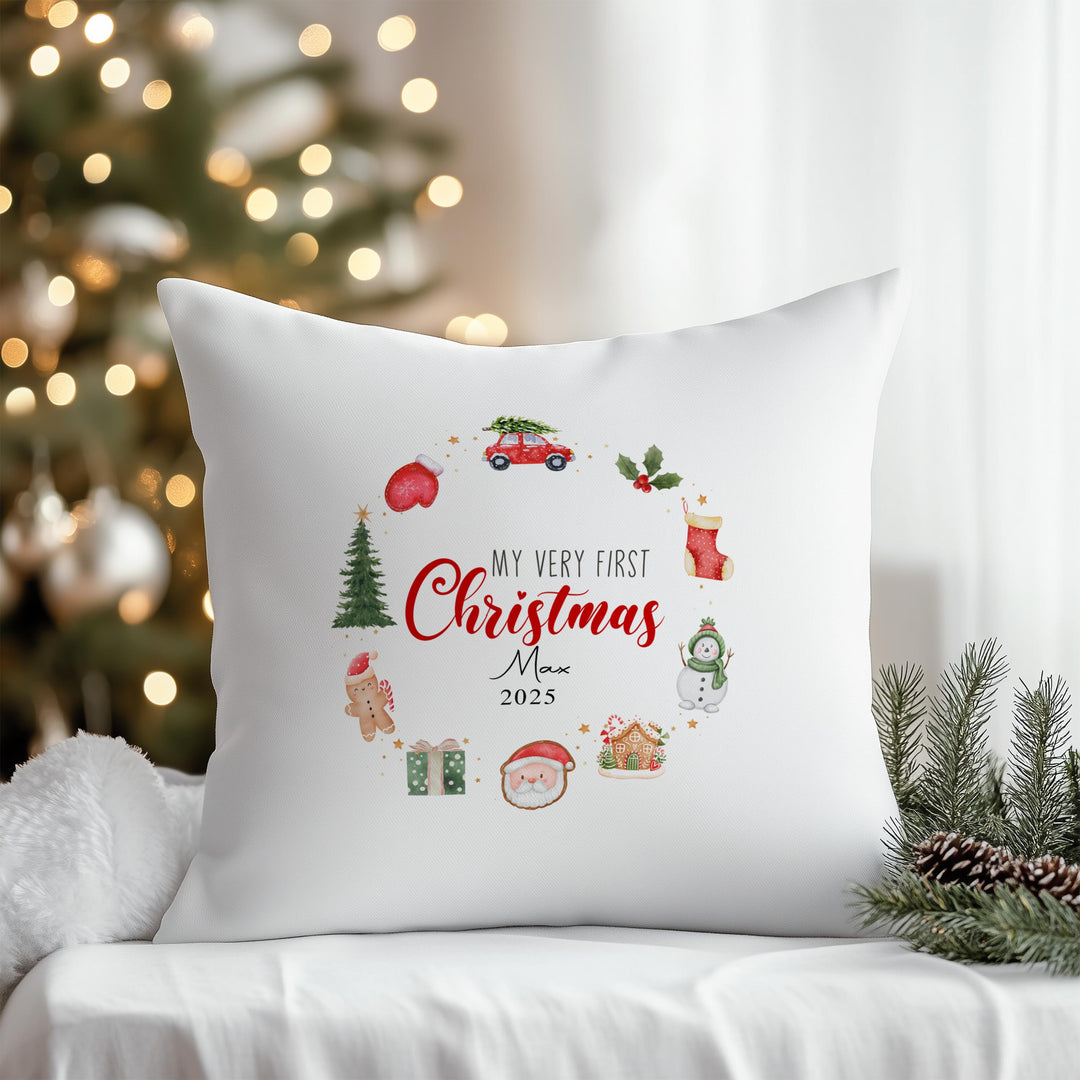 personalised First Christmas wreath cushion 