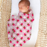 Personalised muslin swaddle wrap with baby name, soft breathable fabric, 120x120cm size for newborns and babies.