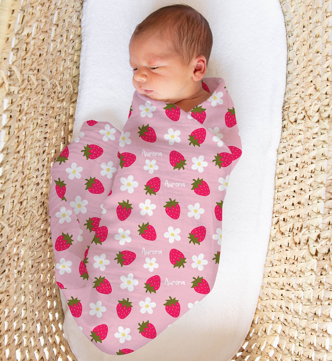 Personalised muslin swaddle wrap with baby name, soft breathable fabric, 120x120cm size for newborns and babies.
