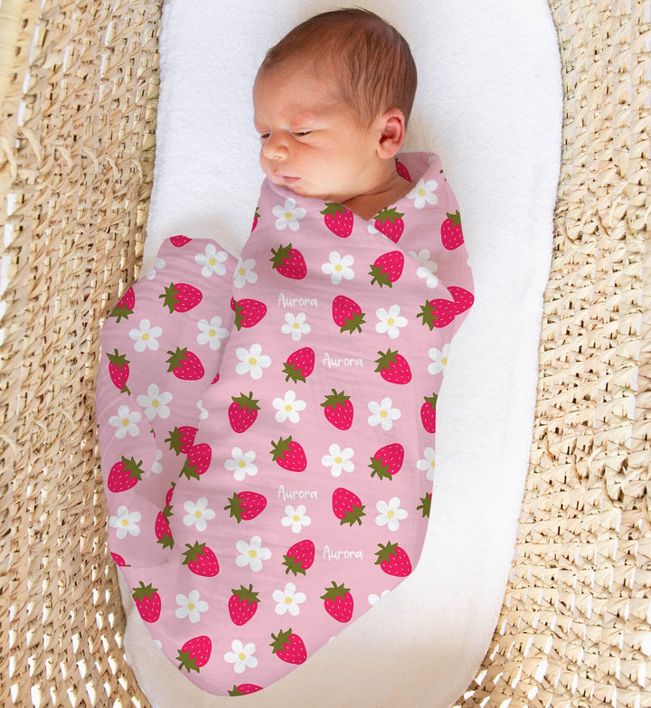 Personalised muslin swaddle wrap with baby name, soft breathable fabric, 120x120cm size for newborns and babies.