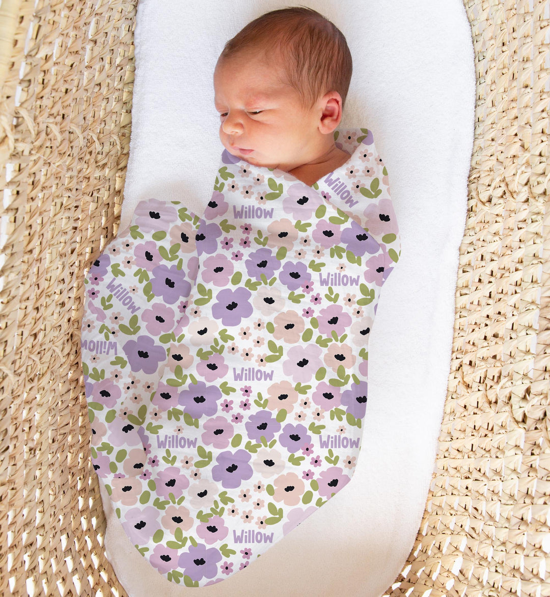 Personalised muslin swaddle wrap with baby name, soft breathable fabric for newborns, 120x120cm, machine washable baby blanket