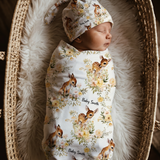 Personalised swaddle & beanie set in breathable lightweight fabric, baby shower present