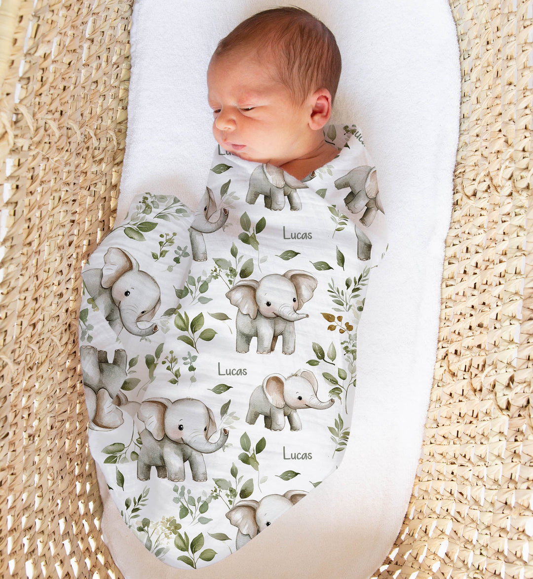 Personalised muslin swaddle wrap with baby name, soft breathable fabric, size 120x120cm for newborns and babies