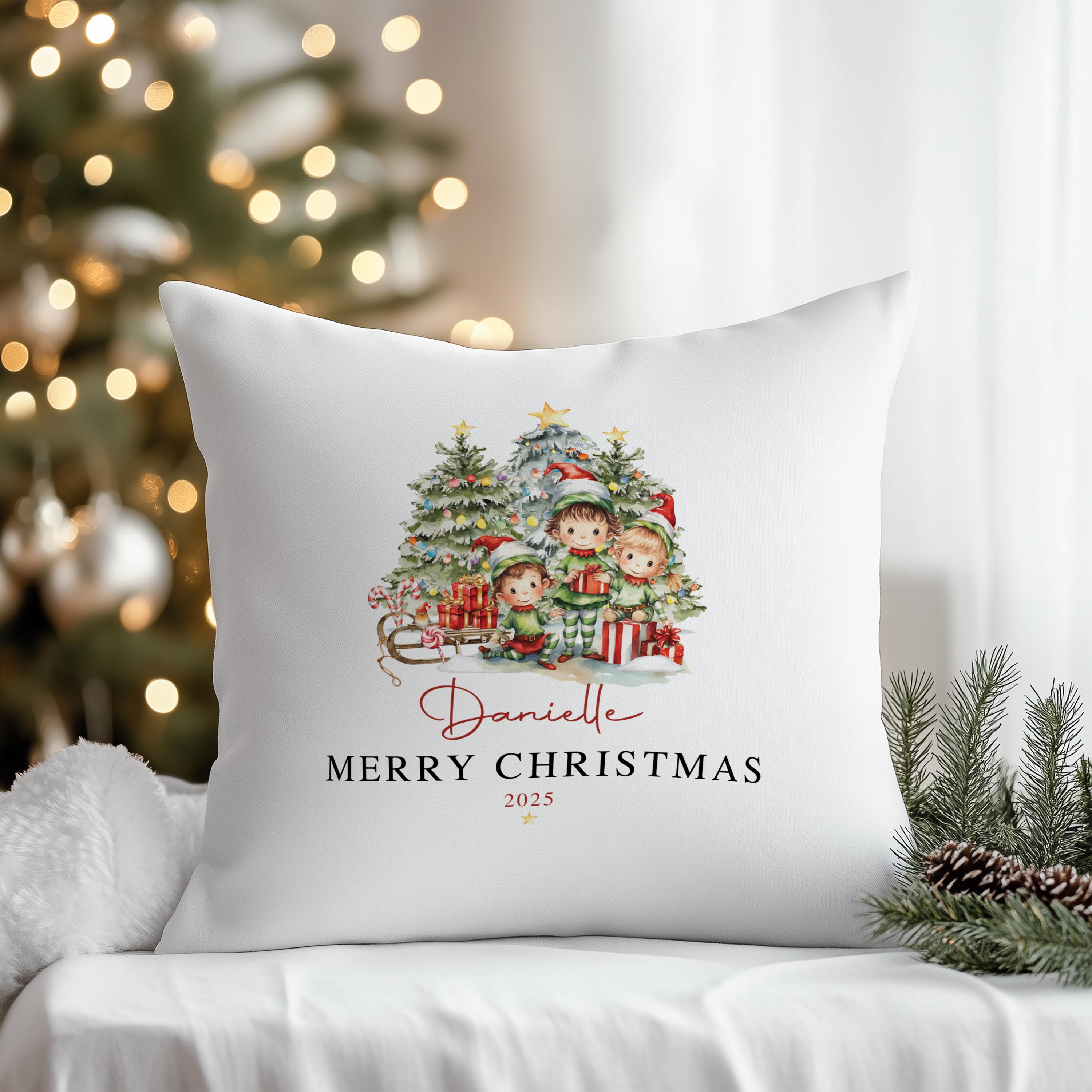 Christmas Elves personalised cushion with child’s name – The Custom Co