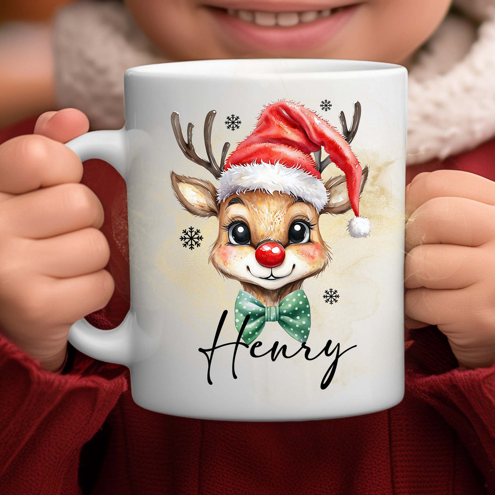 Christmas reindeer ceramic mug filled with hot chocolate and marshmallows – cosy holiday drinkware gift for kids and families