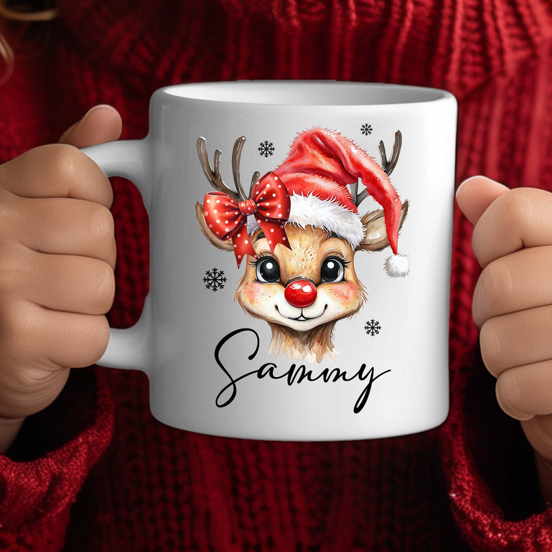 Reindeer Christmas mug – white ceramic holiday coffee cup with festive reindeer design, perfect personalised Christmas gift for boys