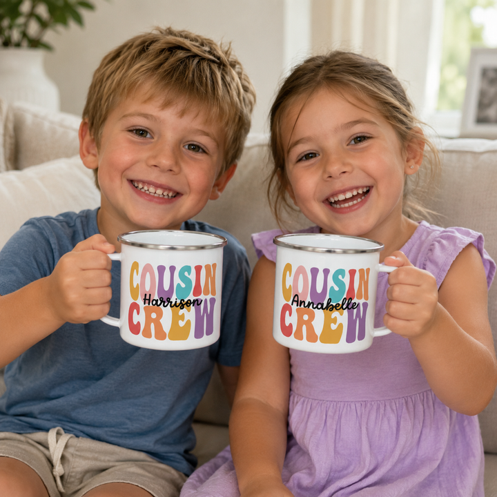 Personalised Cousin Crew Enamel Mug