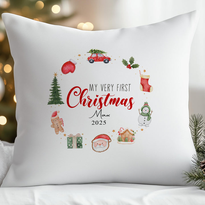 First Christmas wreath personalised cushion with baby name, perfect festive nursery decor