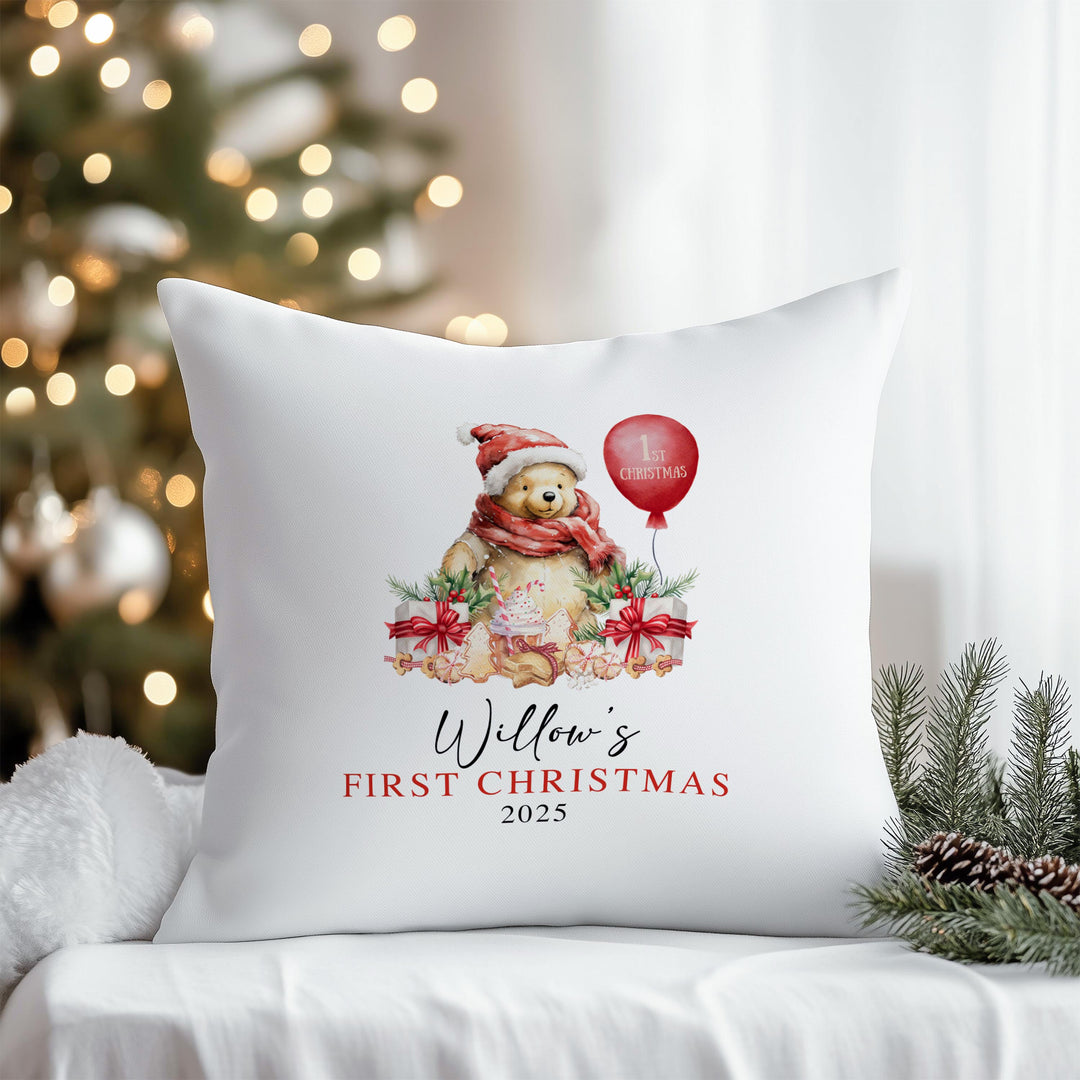 Winnie the Pooh First Christmas cushion personalised with baby name