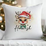 Custom Christmas cushion for boys, Santa and reindeer design with name.